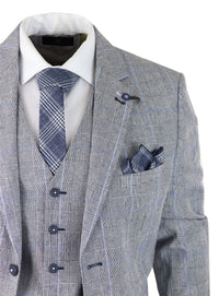 Mens 3 Piece Summer Suit Grey Check Blue Black Tailored Fit Classic Wedding Formal