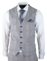 Mens 3 Piece Summer Suit Grey Check Blue Black Tailored Fit Classic Wedding Formal