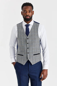 Arthur-Anzug in Marineblau mit kontrastierender Tweedweste in Harris-Grau