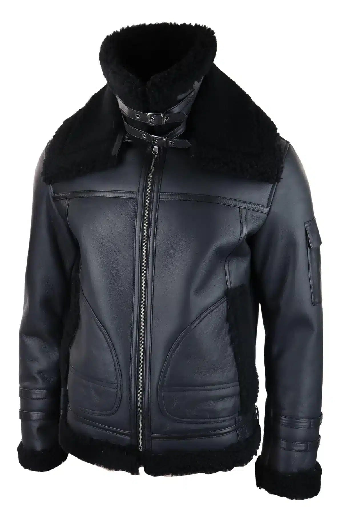 Mens Shearling Sheepskin Coat Zipped Flying Jacket Black Winter Warm Fur