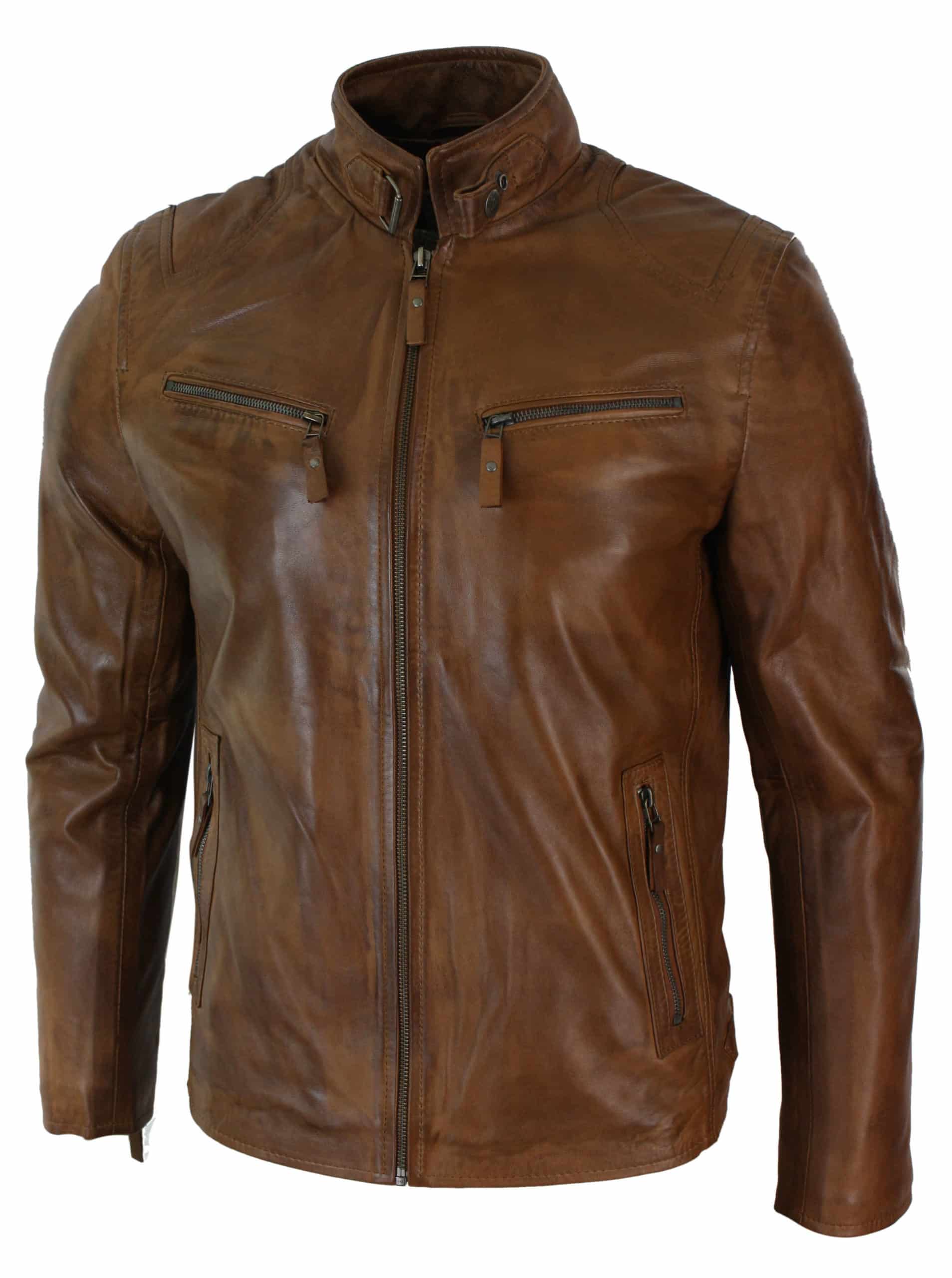 Real Leather Jacket Biker Style Vintage Black Zipped Pockets Casual Fitted for Men - Brown