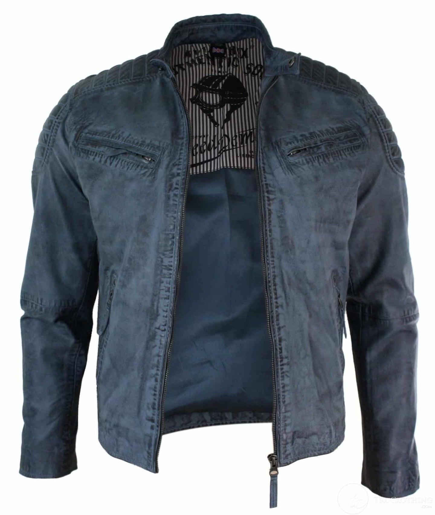 Real Washed Leather Slim Fit Retro Style Zipped Mens Biker Jacket Tan Brown Blue Urban-Zulu Blue
