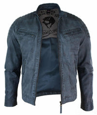 Real Washed Leather Slim Fit Retro Style Zipped Mens Biker Jacket Tan Brown Blue Urban-Zulu Blue