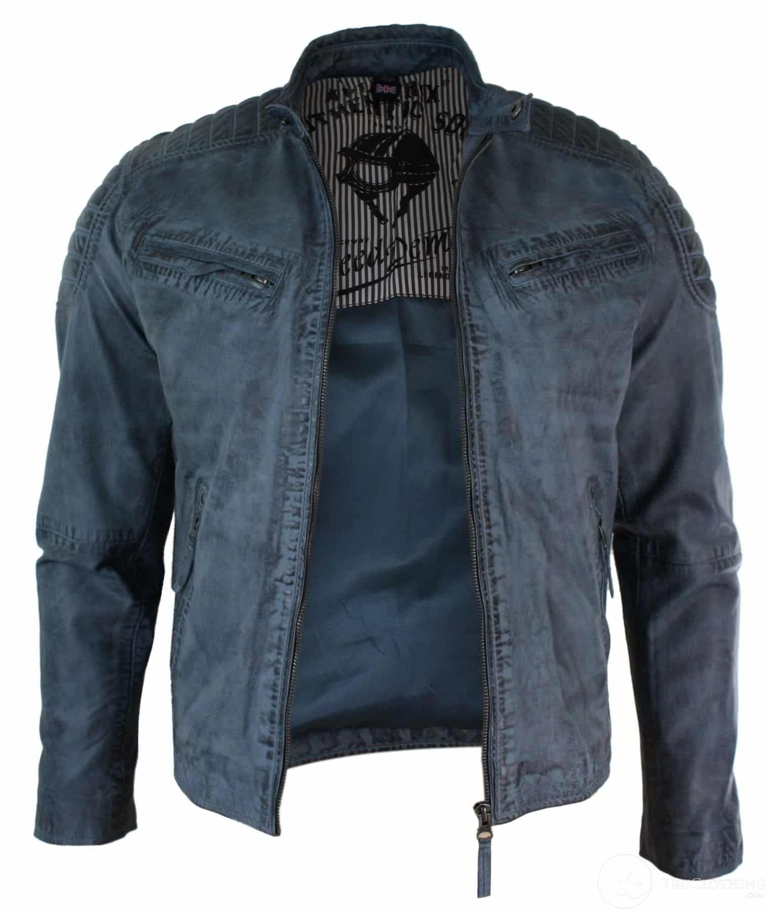 Real Washed Leather Slim Fit Retro Style Zipped Mens Biker Jacket Tan Brown Blue Urban-Zulu Blue
