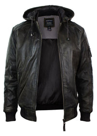 Mens Brown Washed Distressed Removable Hood Bomber Leather Jacket Quilted