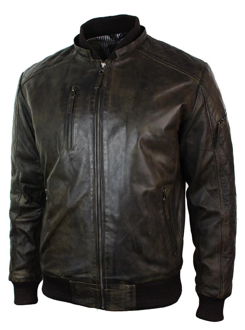 Mens Brown Washed Distressed Removable Hood Bomber Leather Jacket Quilted