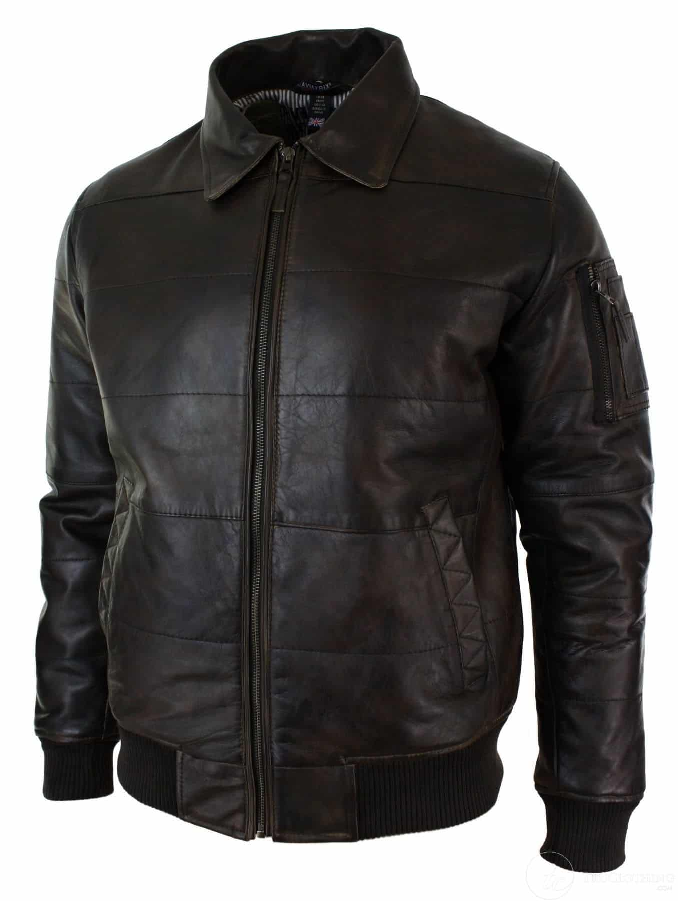 Mens Puffer Quilted Real Leather Pilot Fur Collar Bomber Jacket Black Vintage Brown-Brown