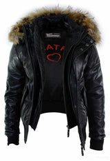 Mens Real Fur Hood Bomber Leather Jacket Black Puffer Padded-Black