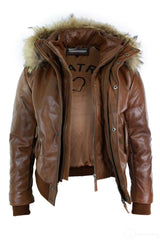 Mens Real Fur Hood Bomber Leather Jacket Black Puffer Padded-Tan