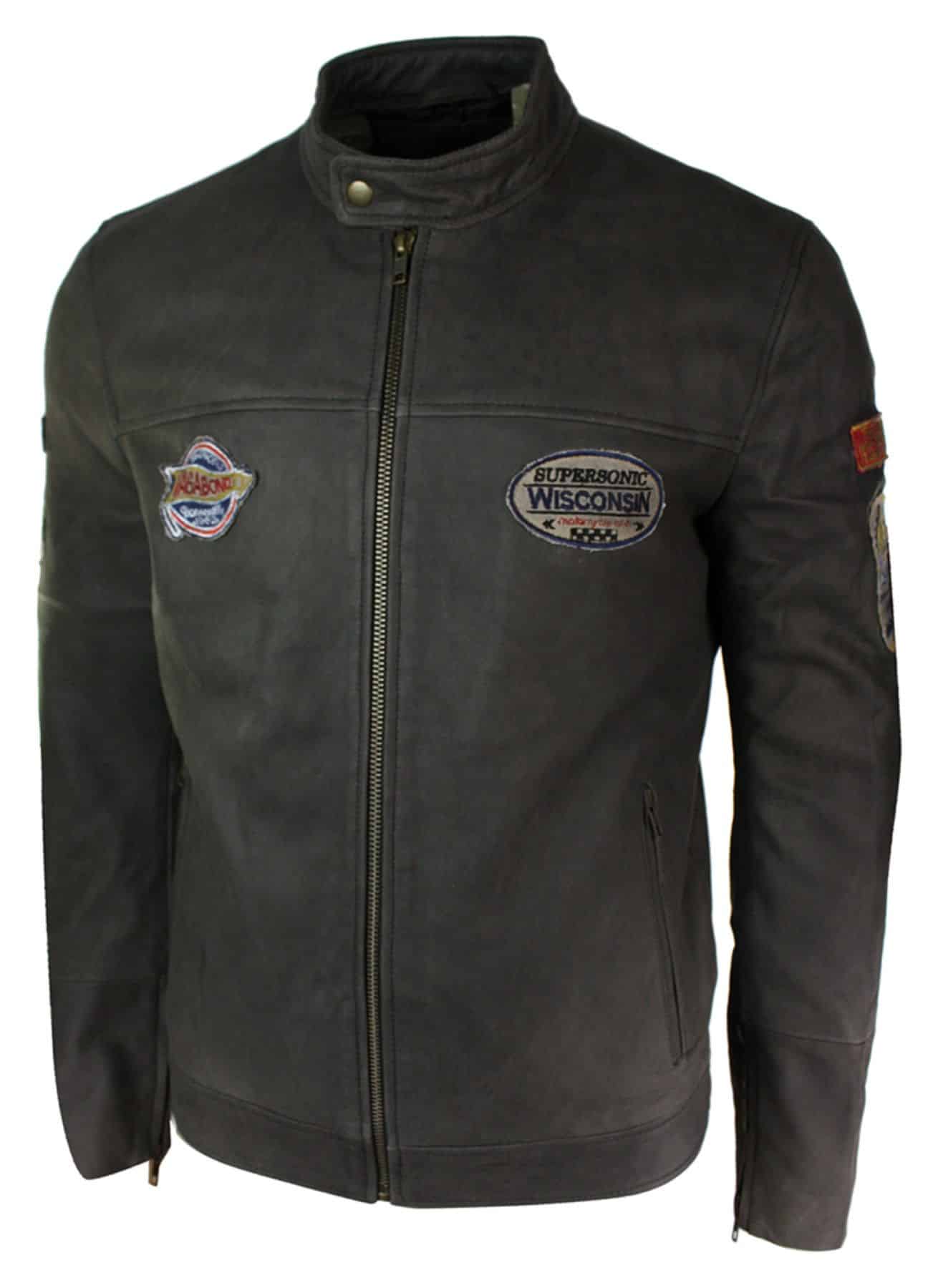 Real Leather Vintage Brown Racer Badge Mens Biker Jacket Washed Distressed Slim Fit