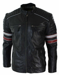 Real Leather Black Racing Mens Biker Jacket Red White Stripes Casual Fit