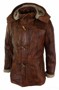 Mens Real Leather Hood Duffle Safari Jacket Long 3/4 Fur Washed Timber Brown Tan-Nevada Timber