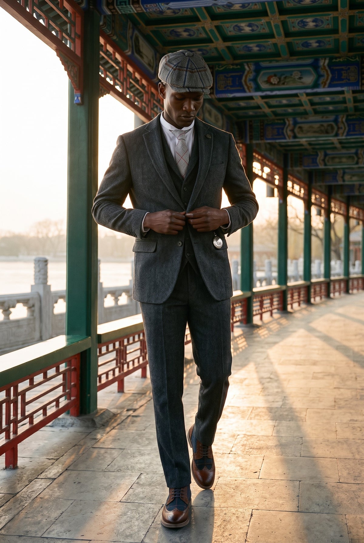 Look #881 styled with Anthrazitgrauer 3-teiliger Tweed-Anzug mit Fischgrätenmuster für Herren - STZ11