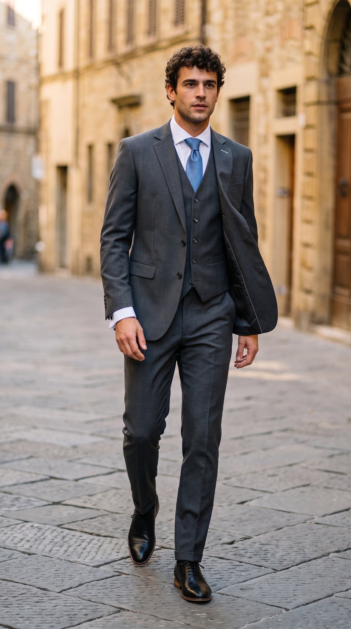 Look #824 styled with Bond – Anthrazitfarbener 3-teiliger Anzug mit maßgeschneiderter Passform für Herren