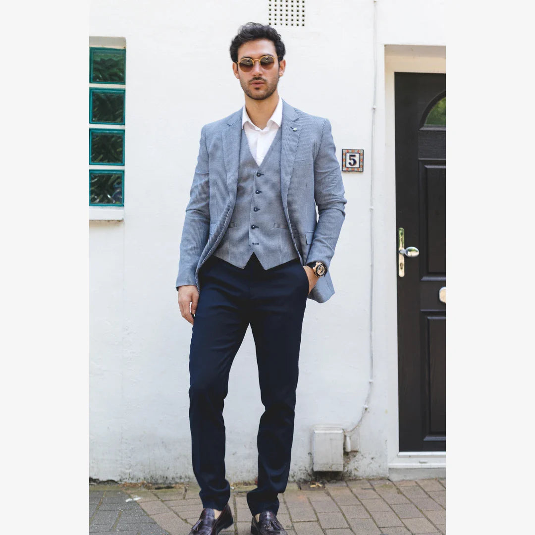 Baresi Men's 3-Piece Grey and Navy Contrasting Classic Summer Check Suit