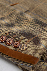 Herrenanzug, 3-teilig, Fischgrätenmuster, Tweed, hellbraun, kariert, maßgeschneiderte Passform, doppelt klassisch