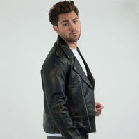 Real Leather Brando - Mens Cross-Zip Brando Real Leather Jacket-Black - Gold
