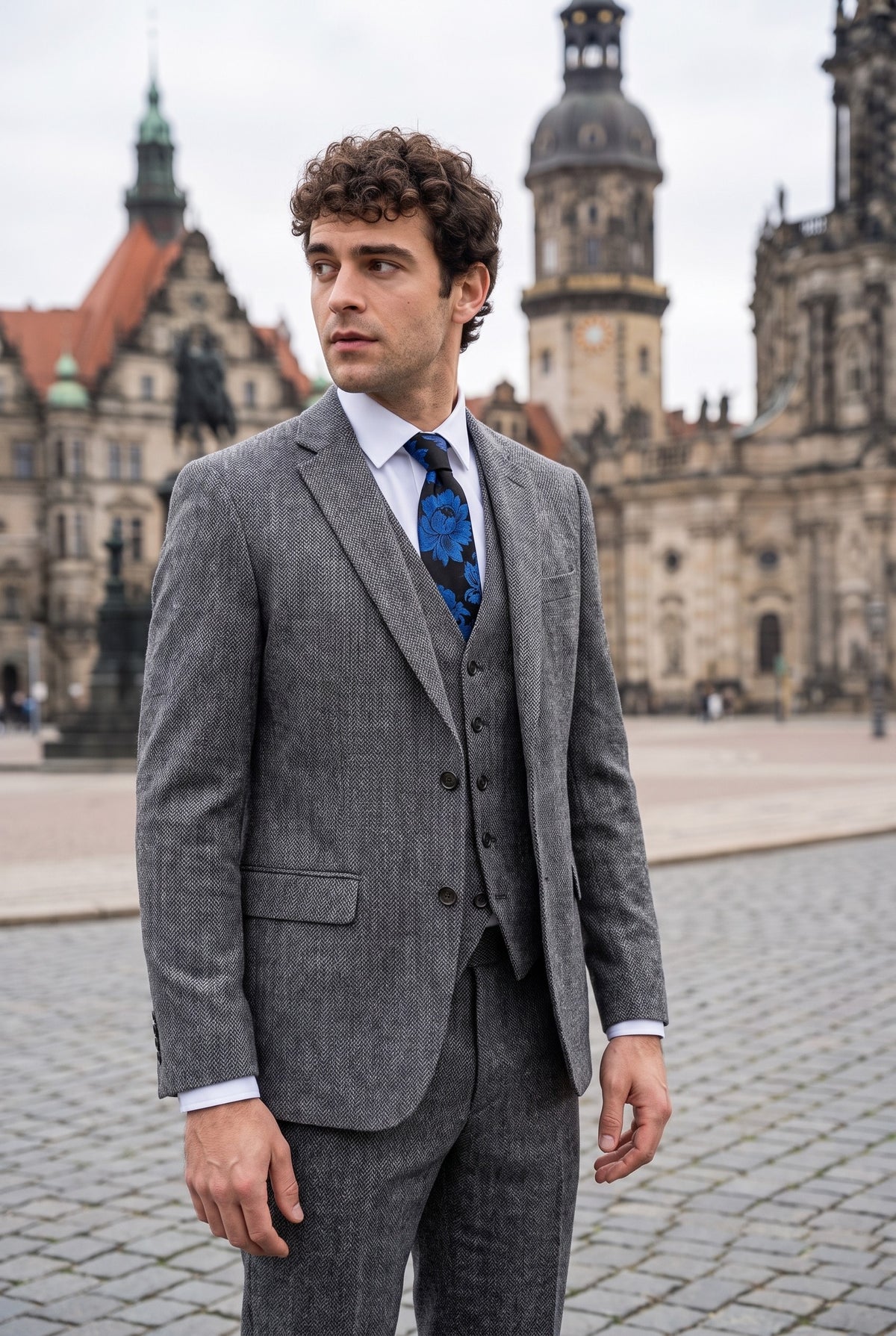 Look #974 styled with IM41 – Grauer 3-teiliger Tweedanzug im Fischgrätmuster für Herren