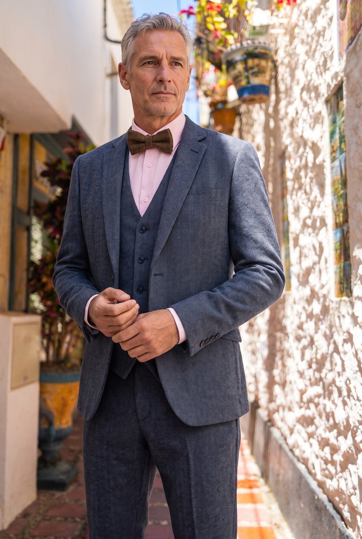Look #956 styled with Thomas – Herrenanzug, dreiteilig, marineblau, aus Wollmischung und Tweed