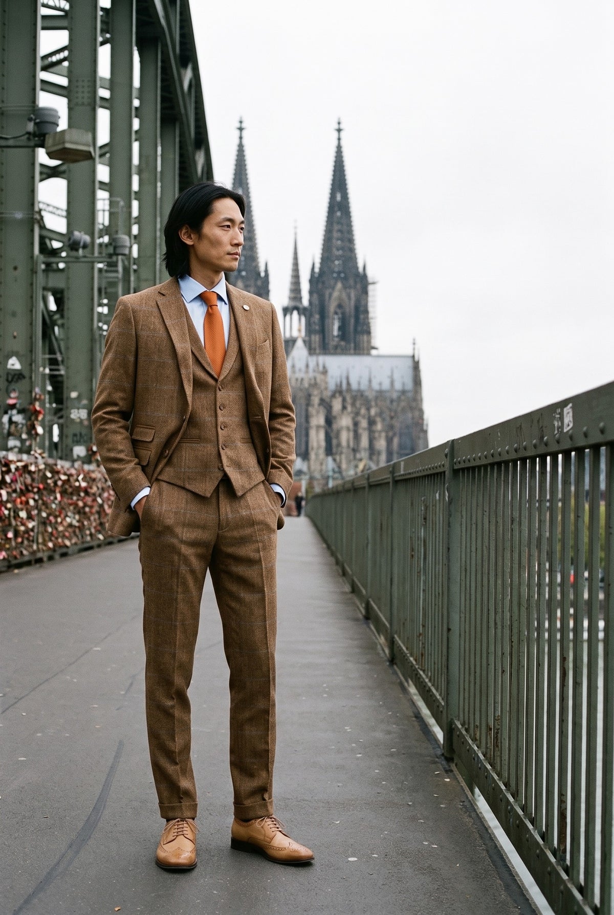 Look #982 styled with Herrenanzug, 3-teilig, Wolle, Tweed, Fischgrätmuster, Hellbraun, Braun, Blau, Kariert, 1920er Jahre, Gatsby