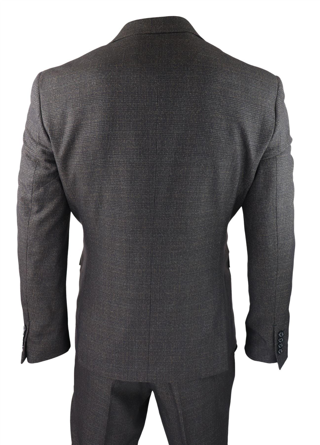 Mens 3 Piece Check Suit Tweed Black Brown Tailored Fit Wedding Peaky Classic