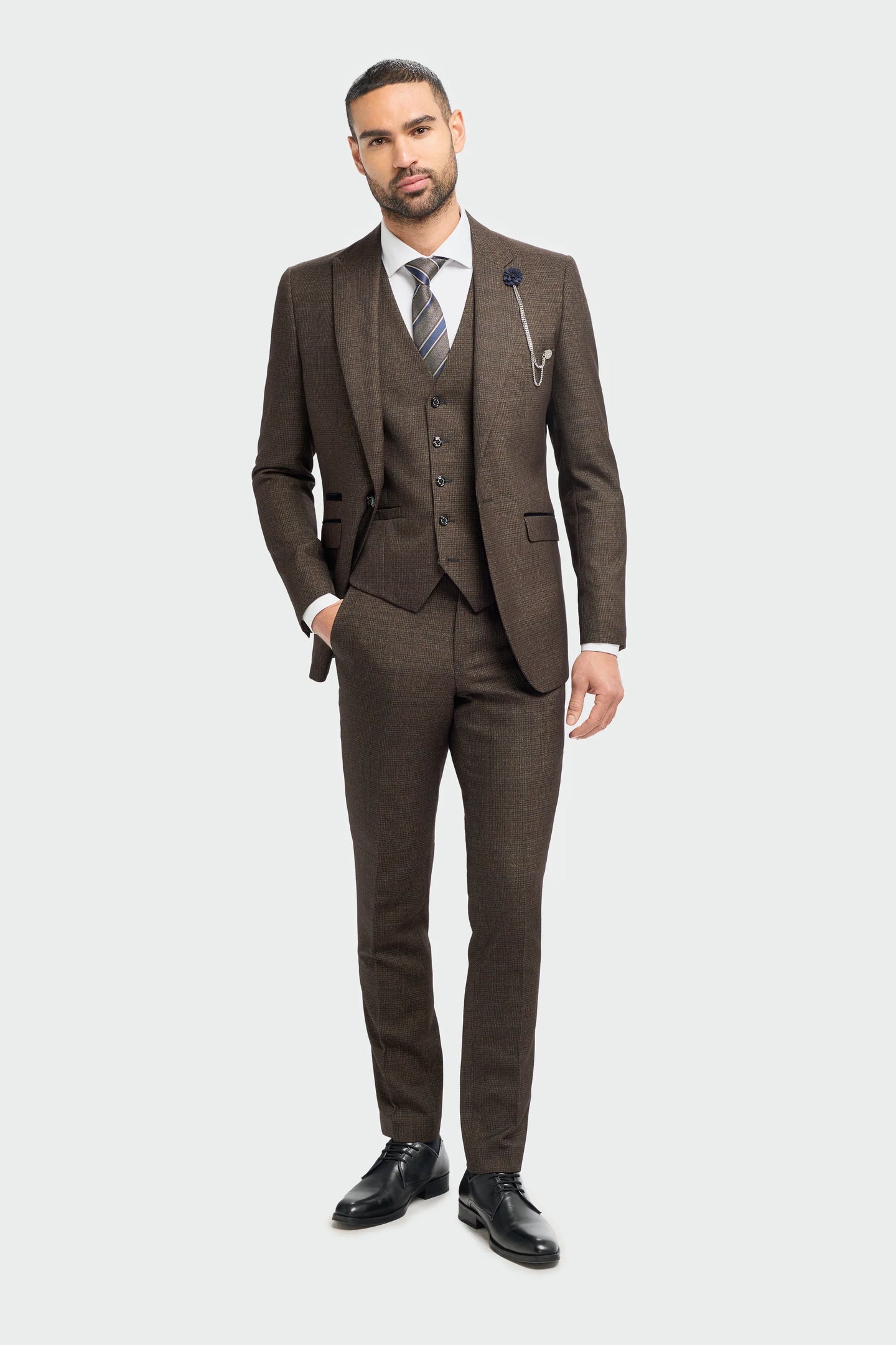Herrenanzug 3-teilig kariert Tweed Schwarz Braun Tailored Fit Hochzeit Peaky Classic