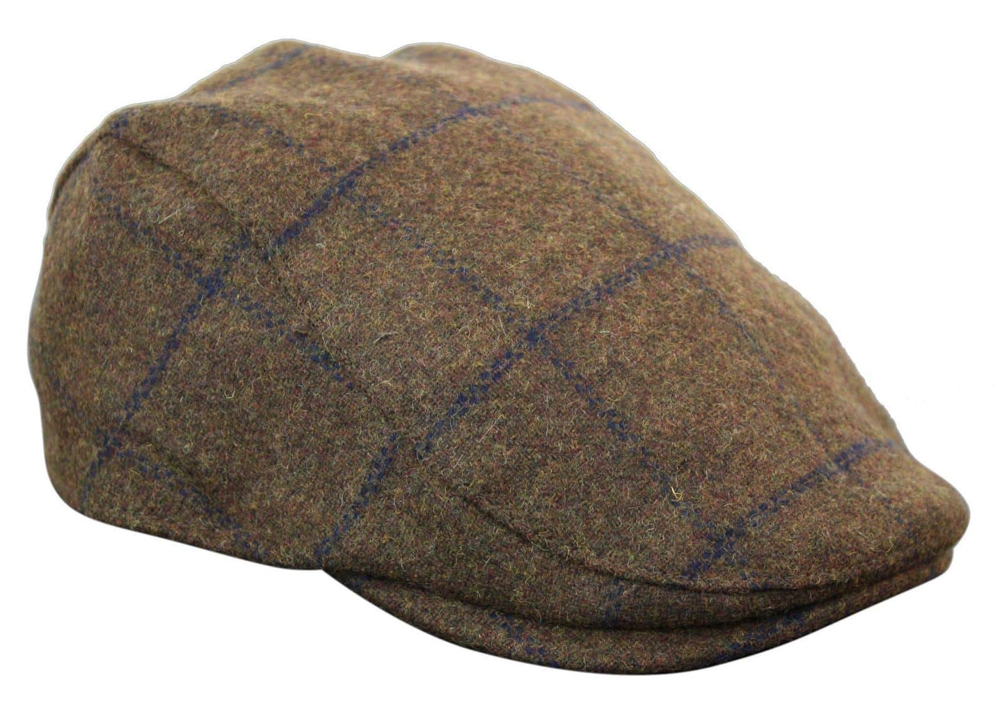 Cavani Kempson Flat Cap - Mens Tweed Wool Check Grandad Hat Vintage - Olive Green/Navy Blue