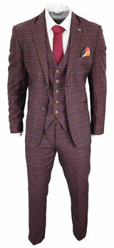 Cavani Carly - Men's 3 Piece Tweed Check Burgundy Suit