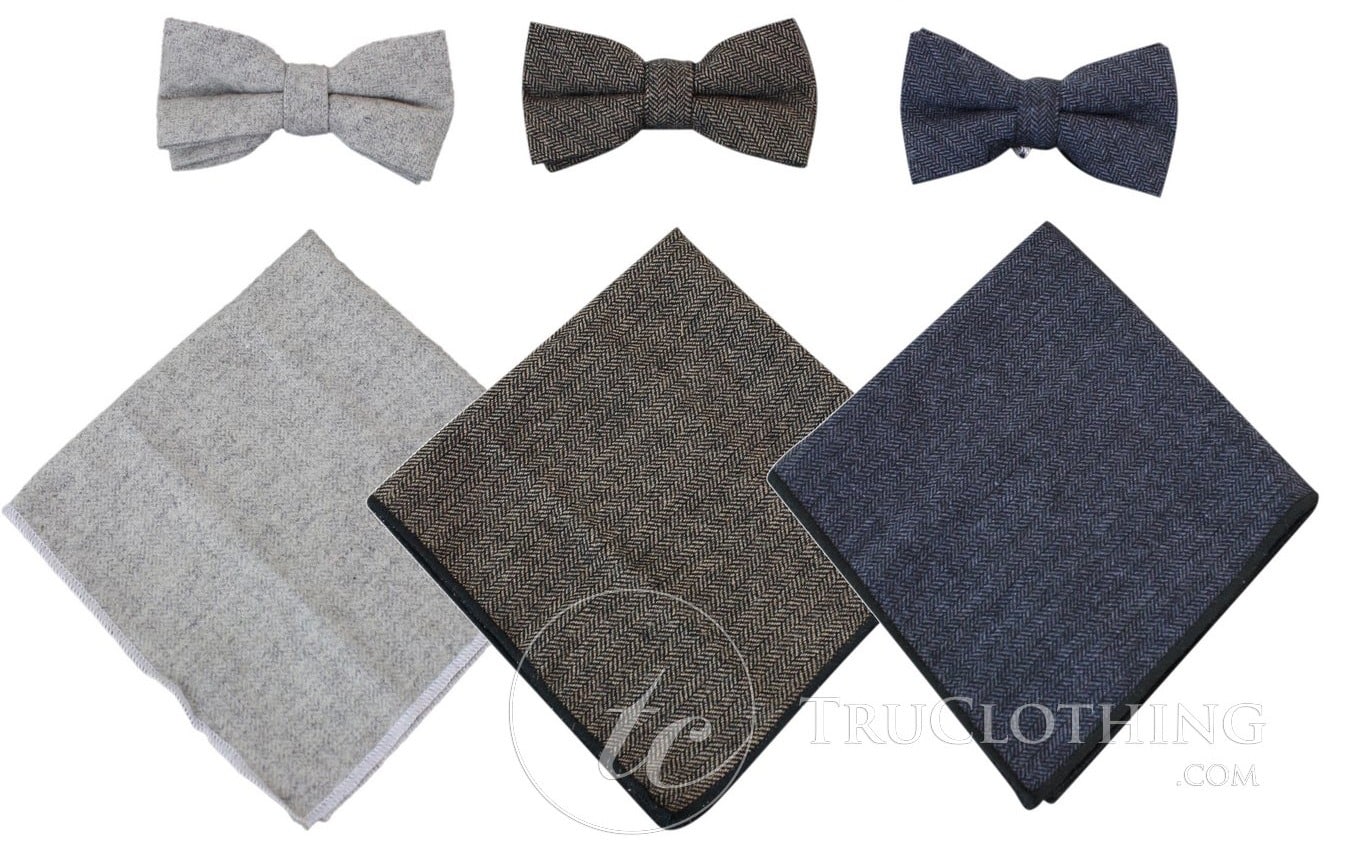 Cavani Martez Bow Tie - Mens Herringbone Tweed Check Bow Tie Hanky Retro Vintage Classic Peaky Blinders