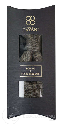 Cavani Martez Bow Tie - Mens Herringbone Tweed Check Bow Tie Hanky Retro Vintage Classic Peaky Blinders