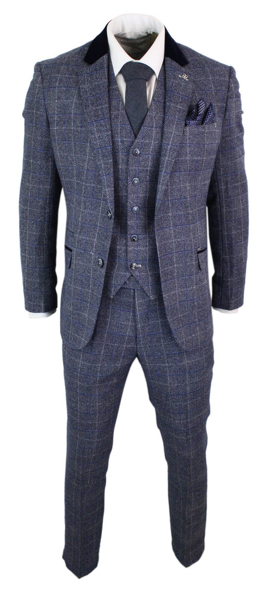 Cavani Miles - Mens Blue Navy 3 Piece Tweed Suit Herringbone Vintage Peaky Blinders 1920's Retro