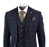 Cavani Shelby - Mens Navy Blue 3 Piece Herringbone Check Suit Vintage Retro Peaky Blinders Tweed