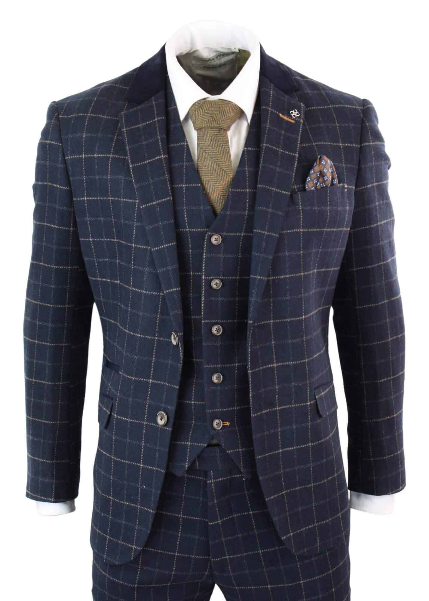Cavani Shelby - Mens Navy Blue 3 Piece Herringbone Check Suit Vintage Retro Peaky Blinders Tweed