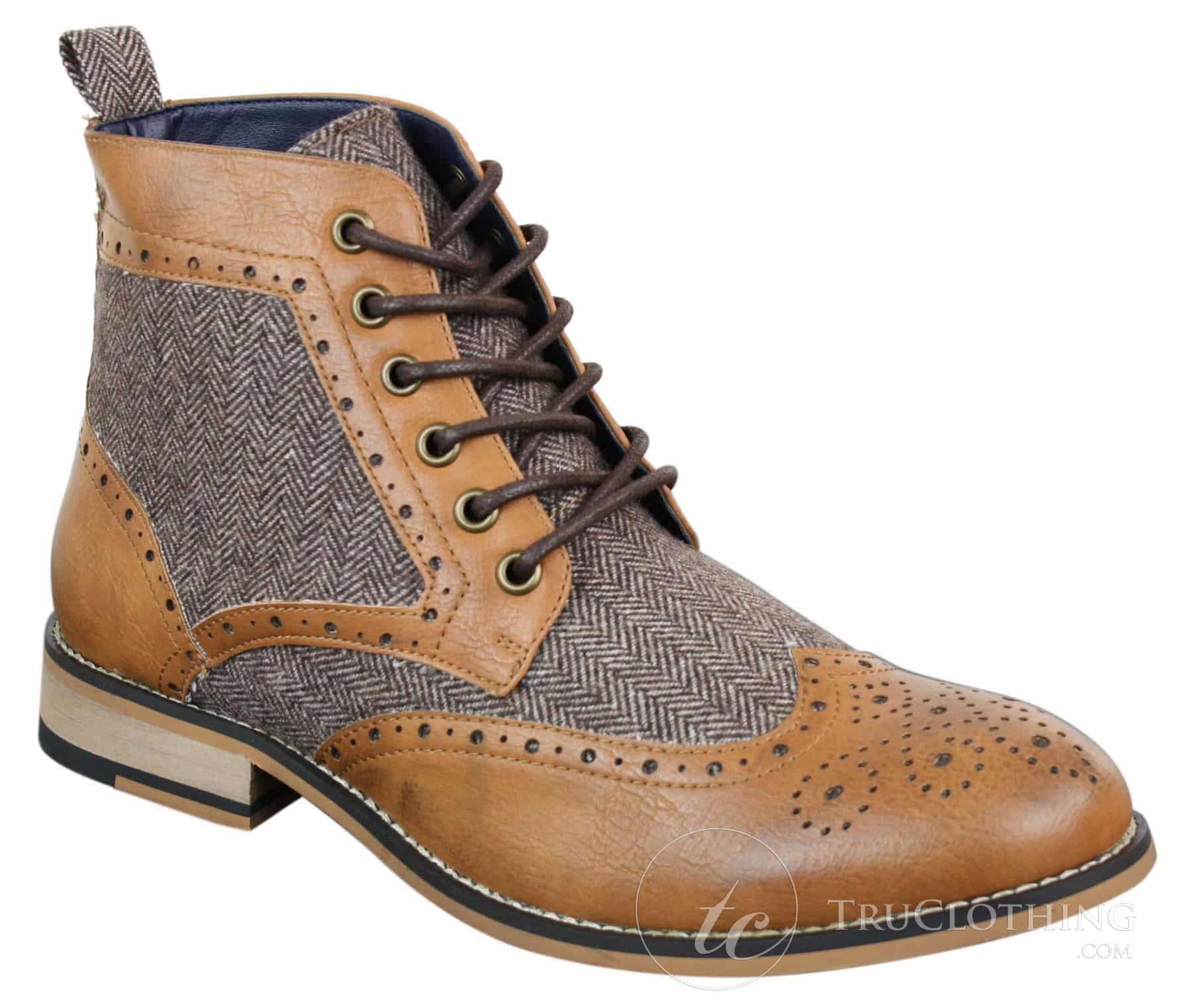 Cavani Sherlock - Mens Leather & Tweed Herringbone Ankle Boots
