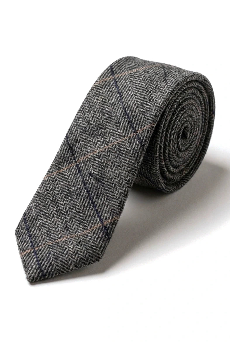 Anthrazitgraue karierte Tweed-Krawatte mit Einstecktuch und Krawattenklammer - Anthrazitgrau