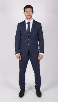 Mens Marc Darcy Blue Check Prince Of Wales 3 Piece Suit Smart Casual Slim Fit Chigwell