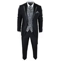 Men's Black 3-Piece Wedding Suit with Silver Cravat and Embellished Waistcoat