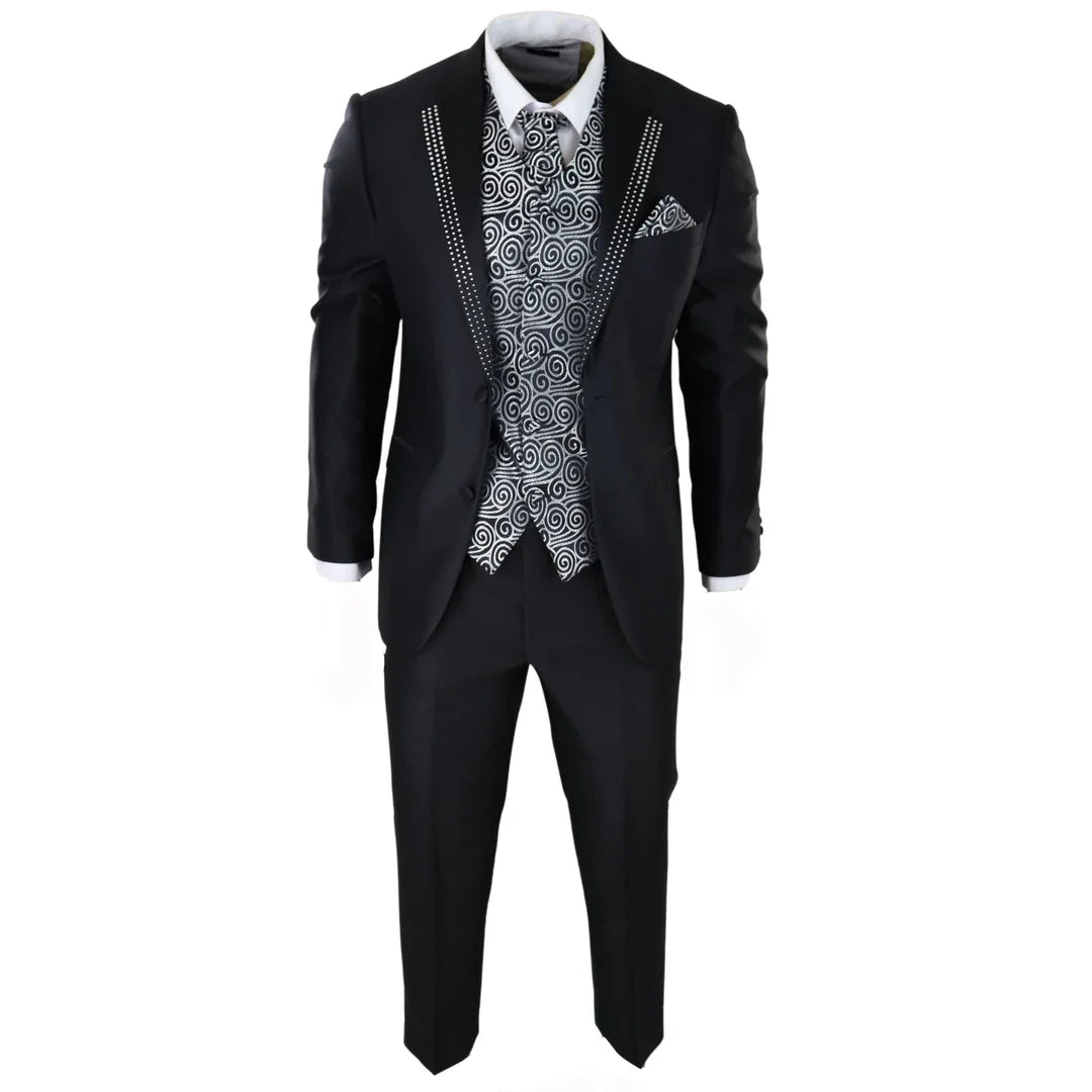 Men's Black 3-Piece Wedding Suit with Silver Cravat and Embellished Waistcoat