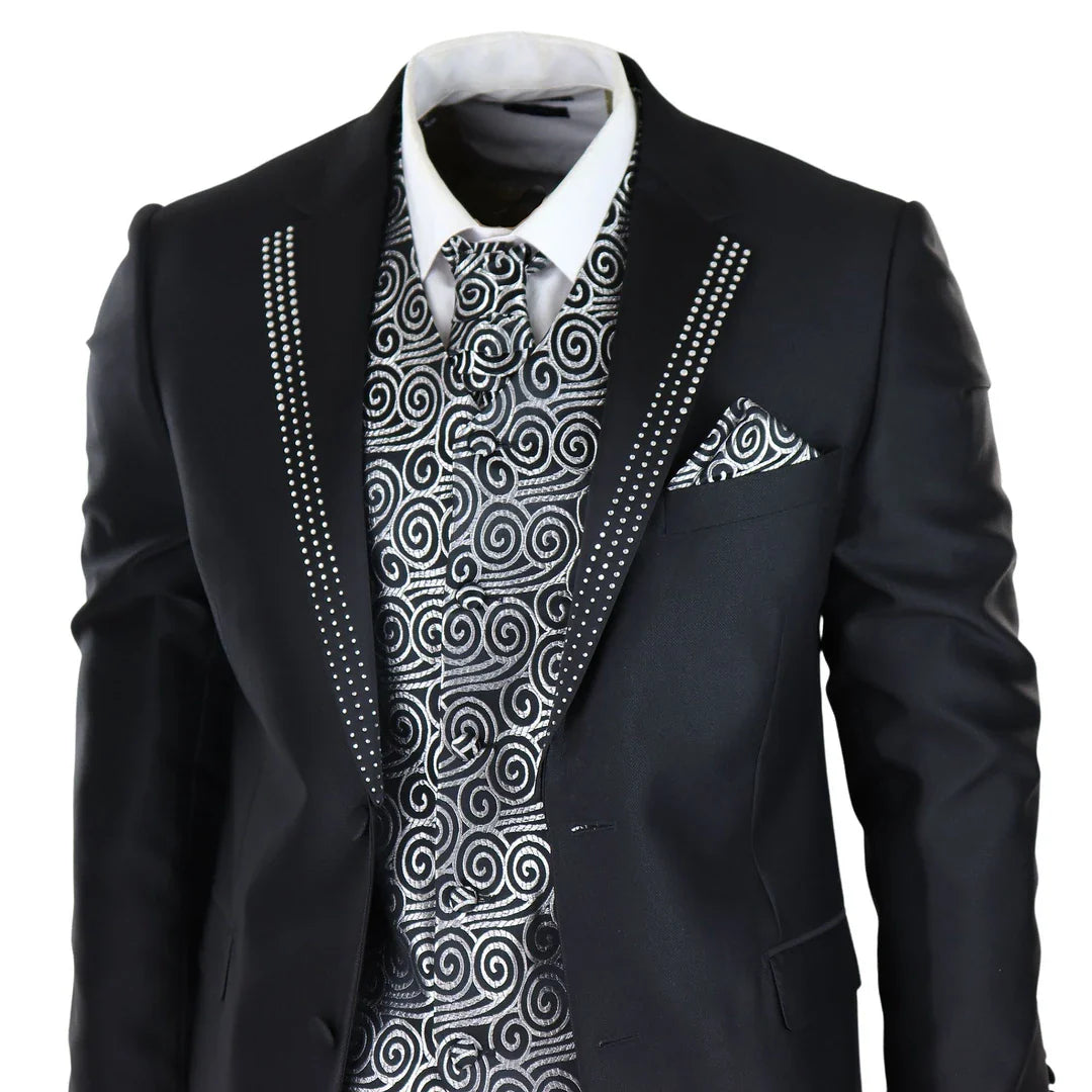 Men's Black 3-Piece Wedding Suit with Silver Cravat and Embellished Waistcoat