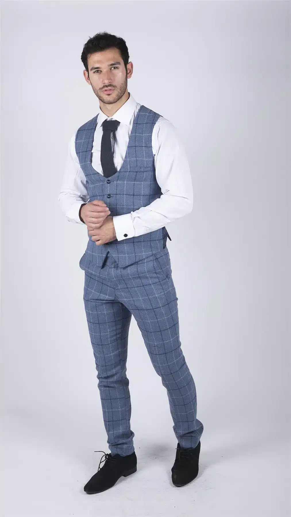 Mens Marc Darcy Light Blue Navy Check Waistcoat Smart Casual Tweed Slim Fit Clinton