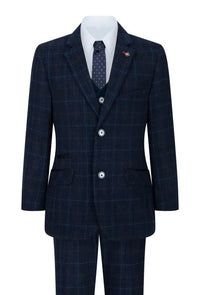 Boys Blue 3 Piece Suit Navy Check Wedding Prom Formal Vintage Tailored Fit