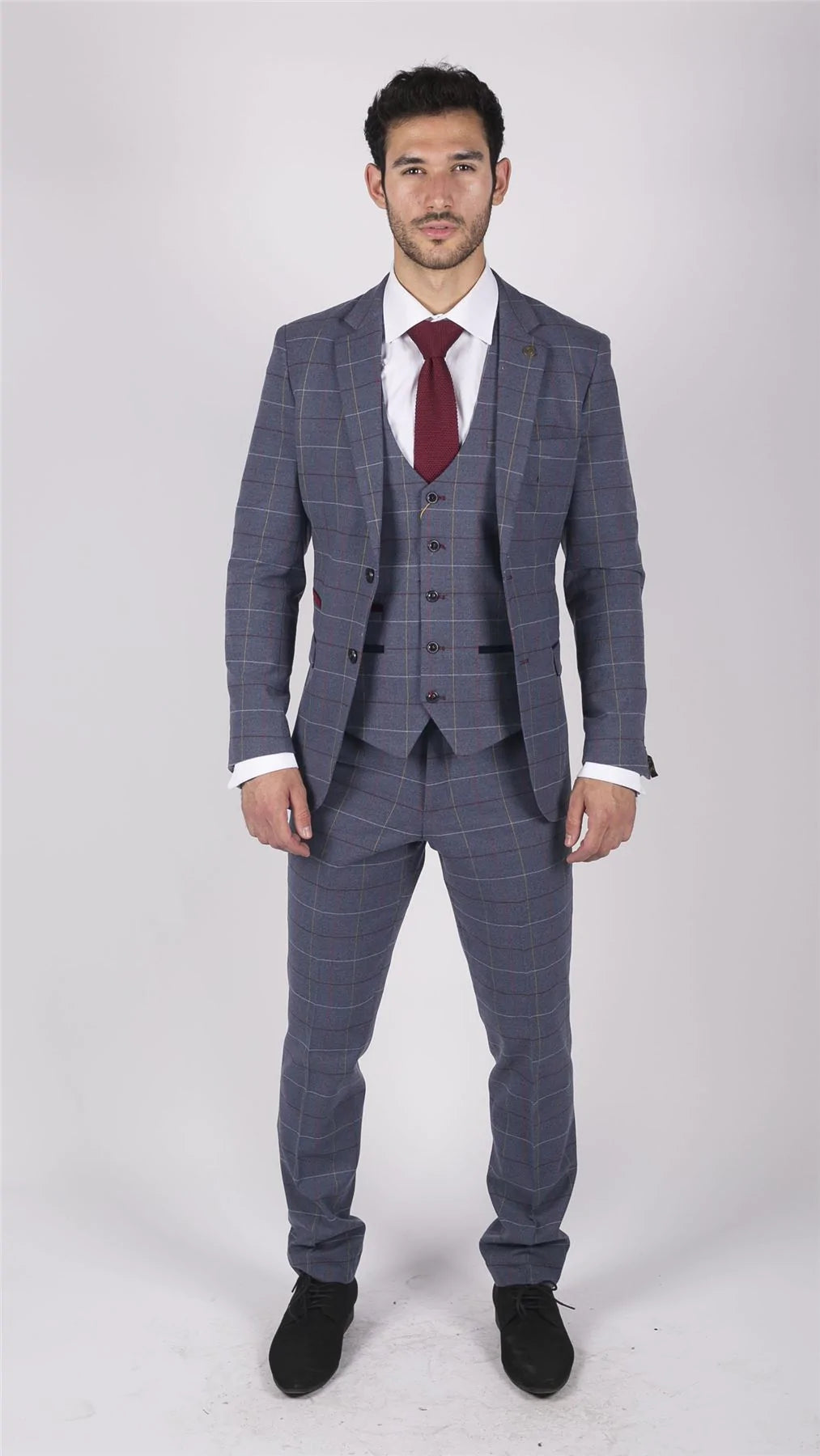 Mens Marc Darcy Blue Grey Red Check 3 Piece Suit Smart Casual Tweed Slim Fit Drake