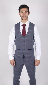 Mens Marc Darcy Blue Grey Red Check Waistcoat Smart Casual Tweed Slim Fit Drake