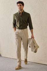 Beige, plissierte, elegante Freizeithose für Herren, klassische Passform