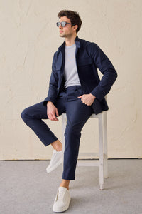 Marineblaue, plissierte, elegante Freizeithose für Herren, klassische Passform