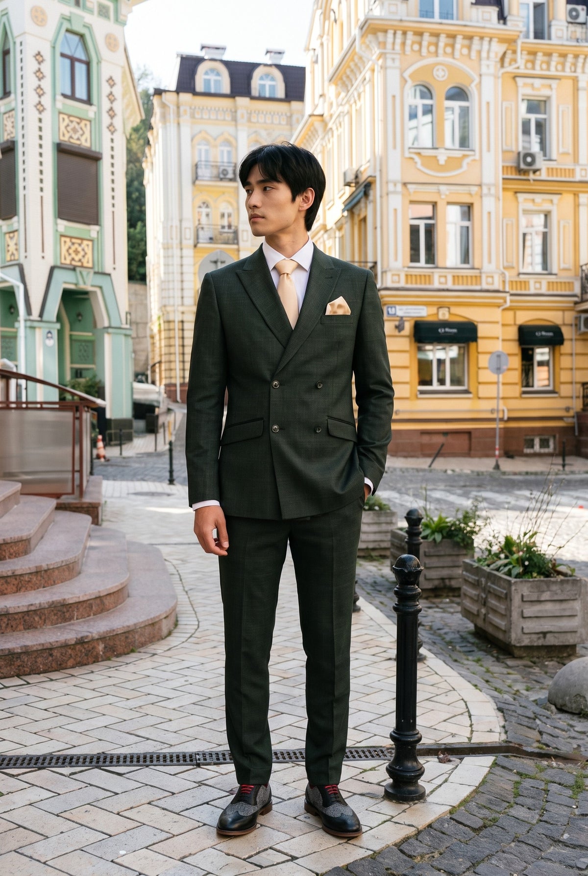 Look #780 styled with Caridi – 2-teiliger olivgrüner Zweireiheranzug für Herren