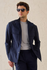 Herren-Anzug, marineblau, elegant-lässig, 2-teilig, Safari-Stil, Stehkragen, Stretch-Set