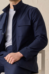Herren-Anzug, marineblau, elegant-lässig, 2-teilig, Safari-Stil, Stehkragen, Stretch-Set