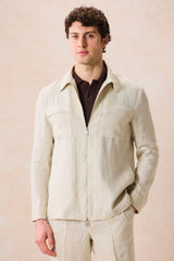 Beige Leinenhemdjacke für Herren mit Reißverschluss, leichtes Sommer-Overshirt