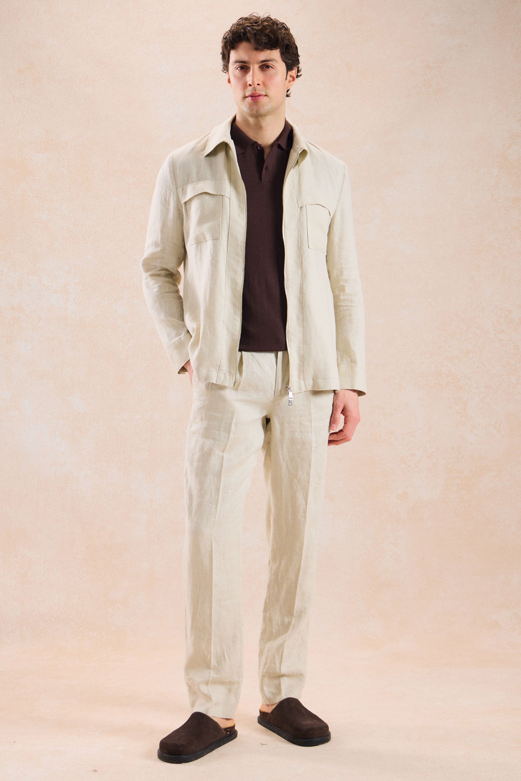Beige Leinenhemdjacke für Herren mit Reißverschluss, leichtes Sommer-Overshirt